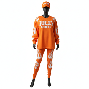 Ensemble personnalisé pour femmes : T-shirt en coton premium 200 GSM et legging en polyester et élasthanne, logo flamme orange en strass thermocollé. - Product Image 6