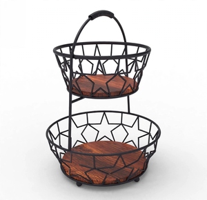 Support à fruits en métal à 2 niveaux avec motif étoile, base en bois, revêtement noir, organisateur de cuisine moderne multifonctionnel - Product Image 1