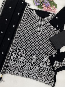 Salwar Kameez noir brodé pour femme avec dupatta, tenue traditionnelle indienne et pakistanaise, longueur au sol, coupe classique, en rayonne - Product Image 3