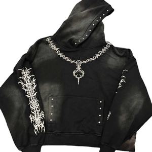 Sudadera bordada Sun Faded Acid Wash Sudadera de algodón de gran tamaño French Terry Sudadera recortada Sudadera con capucha de diamantes de imitación negros - Product Image 1