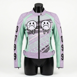 Women Pastel Goth Drift Racing Leather Jacket <b>Purple</b> Mint Green Crying Face Evil Bear Biker Outerwear - Product Image 1