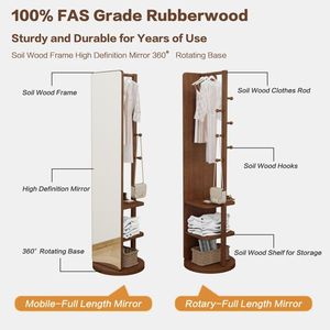 Large Full-Length Mirror 65.7*17.7in Solid Wood + Rubber Wood + Glass for Whole Body Viewing-Coat Racks - Product Image 3