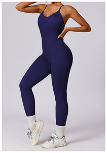 Combinaison de yoga pour femme, taille haute, bleu uni, sans manches, dos nu, effet push-up, bretelles spaghetti, coupe ajustée - Product Image 3