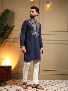 <b>Men</b> Navy Blue Embroidered <b>Kurta</b> With White Pajama Regular Fit Traditional Indian Pakistani Knee-Length Casual Wear - Product Image 3
