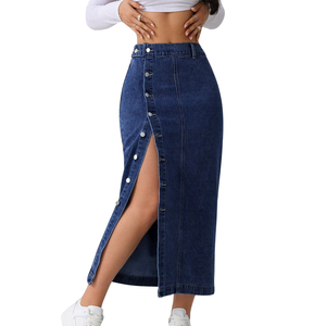 Women's High <b>Waist</b> Button Front Denim Maxi Skirt Casual Long Length Stretch Blue <b>Jean</b> <b>Elastic</b> Back <b>Waist</b> Winter XL Everyday - Product Image 5