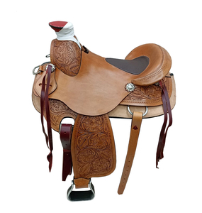 Selle de cheval Western en cuir tanné, sculptée à la main avec motifs floraux, assise rigide, sangles Latigo, conchos floraux, avec kit de harnais, 10-18 pouces - Product Image 1