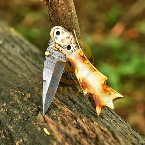 High Quality Damascus Steel Folding EDC <b>Knife</b> with Natural <b>Bone</b> <b>Handle</b> Leather Sheath Custom Hunting Camping <b>Knife</b> - Product Image 3