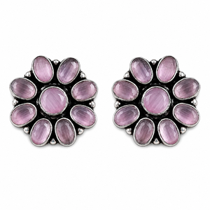 Bulk Price Brass <b>Oxidized</b> Silver Flower Bezel Setting Earring Pink Gemstone | Boho Ethnic Stud Earrings Women Party Wear - Product Image 1