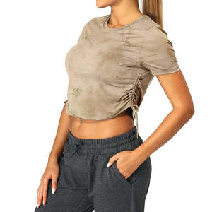 T-shirt court à manches courtes en toile respirante et ajustée pour femme, col rond, couleur unie, collection 2026, vente en gros, tenue décontractée, confortable, personnalisable OEM - Product Image 5