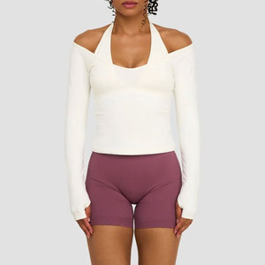 Custom Women's Wear Clothes Design Off Shoulder Long Sleeve Shirt Compression High Stretch <b>Thumb</b> Hole <b>Cuffs</b> Rib Material - Product Image 3
