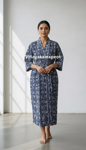 ชุดกิโมโนผ้าฝ้ายพิมพ์ลายฟล็อกสีน้ำเงินอินดิโกพรีเมียม แขนยาว สำหรับผู้หญิง ใส่สบายในฤดูร้อน เป็นมิตรกับสิ่งแวดล้อม ความยาวเต็มตัว - Product Image 6