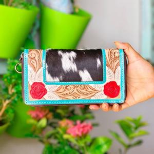 Portefeuille en cuir véritable fait main avec patch en cuir de vachette, gaufrage floral, fermeture éclair, style bohème, portefeuille court pour femme, usage quotidien - Product Image 4