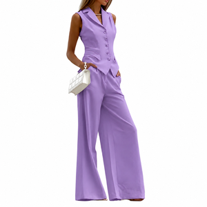 Women's Casual 2-Piece Long <b>Set</b> Linen/Cotton Eco-Friendly Sleeveless <b>Blazer</b> Wide-Leg Pants Solid Notched Collar Regular Fit - Product Image 6