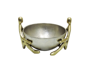 Moderna tazón decorativa de aluminio fundido con asas de latón con figuras humanas – Elegante escultura abstracta metálica para llaves o plato de potpourri - Product Image 1