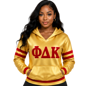 Sudadera con Capucha PDK Dorada para Mujer, con Rayas Rojas Estilo Universitario, Letras en Bloque 1923, Bolsillo Canguro, Sorority - Product Image 1