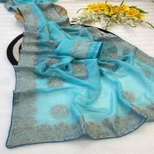 Sari VASTRA COTTAGE Premium de Seda Crujiente con Bordado y Adornos, Estilo Bollywood, Colección para Fiestas - Product Image 6