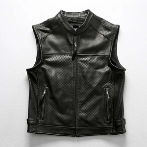 Chaleco de Motocicleta de Cuero Genuino Grueso con Cremallera y Perforaciones de Malla Transpirable para Hombre, Estilo Casual de Invierno, OEM ODM - Product Image 1