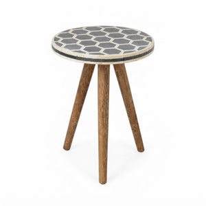 Taburete con incrustaciones de hueso en blanco y negro, mesa auxiliar de lujo con patrón floral geométrico, mesa auxiliar de madera maciza ecológica personalizada en venta - Product Image 3