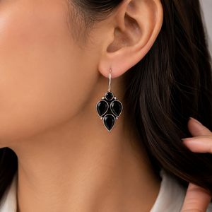 Boucles d'oreilles en onyx noir en forme de goutte d'eau |   Boucles d'oreilles ethniques bohèmes plaquées argent antique pour fête, bijoux faits à la main pour femmes, directement de l'usine - Product Image 2