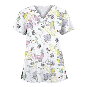 Custom Women’s Cartoon Elephant Print Medical Scrubs Top V-Neck Short Sleeve <b>Nurse</b> Uniform with Pockets Pediatric Hospital - Product Image 2