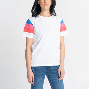 T-shirt à col rond à manches courtes pour femme, design à rayures colorées, coupe classique, décontracté, 100% coton, tissu jersey respirant - Product Image 1
