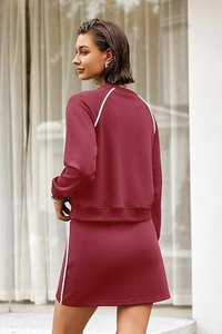 <b>Women's</b> <b>Burgundy</b> 2 Piece Set Long Sleeve Crew Neck <b>Top</b> and Knee Length Skirt - Product Image 3