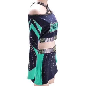 Uniforme de Porristas de Manga Larga con Hombros Descubiertos, Spandex, Logotipo Frontal con Pedrería, Azul Marino y Verde Azulado, Conjunto de Dos Piezas - Product Image 4
