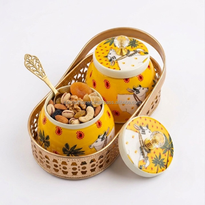 Custom Printed Yellow Hand Painted Jar Set Brass Basket Metal <b>Storage</b> Jar Candy Box Manufacturer Exporter - Product Image 1