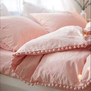 Pink Satin Duvet Cover Set with Pom Pom Trim Princess Style Washable Home Use 3 Piece <b>Bedding</b> Set - Product Image 2