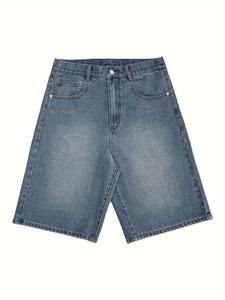 Shorts en jean délavé pour homme, coupe droite, taille mi-haute, décontracté, été, en tissu de coton tricoté - Product Image 1
