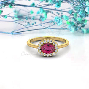 Bague de mariage en or massif 14 carats avec tourmaline rose ovale véritable 7x5mm sertie de diamants, disponible en gros (OEM/ODM) - Product Image 4