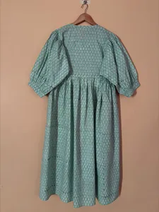 Women's Boho <b>Mint</b> Floral Handprint Cotton Midi <b>Dress</b> With Tie-Neck And Short Puff Sleeve Casual Summer <b>Dress</b> - Product Image 5