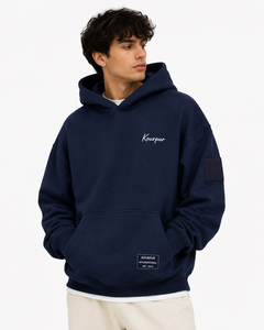 <b>Men's</b> Oversized Hooded Sweatshirt Solid <b>Navy</b> Blue French Terry Casual Fit Left Sleeve Logo Pocket Design Autumn Wear - Product Image 4