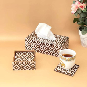 Luxury Modern Handmade Rectangle Shape MDF Wood Tissue Holder Brown White <b>Coasters</b> <b>Set</b> of 6 Low Priced Office Home Dining Room - Product Image 2