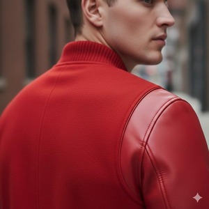 Blouson aviateur en cuir de vachette rouge et laine pour homme, style classique MCM, MCM - Product Image 3