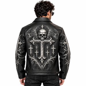 Veste en cuir PU pour homme, style streetwear vintage, imprimé croix métallique, impression DTG, mode Y2K, vente en gros OEM - Product Image 3