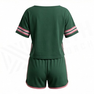 Women's Green Sporty 2 Piece Shorts <b>Set</b> Short Sleeve T Shirt and Above Knee Shorts with Pink Stripe Details Breathable <b>Knitted</b> - Product Image 2