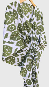 Women Green Ikat Satin <b>Kimono</b> Robe V Neck <b>Long</b> <b>Sleeve</b> Full Length Drawstring Cover Up - Product Image 3