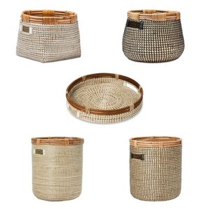 RATTAN-RIMMED COIL <b>Hamper</b> Storage Baskets Seagrass Basket Handles Cut-out Rattan On Top - Product Image 1