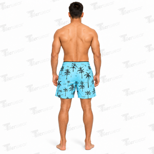 Trajes de Baño para Hombre de Primera Calidad, Color Azul Claro, Estampado de Palmeras, Cintura Media, Cordón Ajustable, Secado Rápido, Shorts de Playa de Poliéster en Venta - Product Image 4