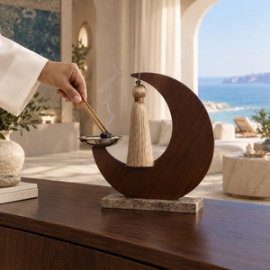 Brûleur à Bakhoor en marbre et bois en forme de croissant, porte-encens arabe, bol en acier inoxydable, support pour Oud arabe, décoration de luxe pour la maison et le Majlis islamique - Product Image 3