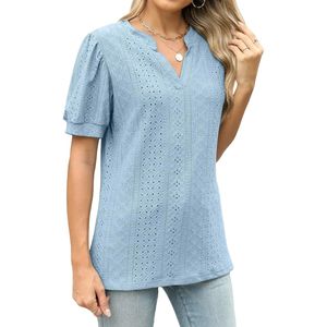 T-shirt casual estiva da donna con scollo a V e maniche corte plissettate - Product Image 3