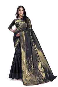Sari en soie imprimé noir et or traditionnel pour femmes, style indien et pakistanais, coupe classique, longueur au sol, pour occasions de mariage - Product Image 4