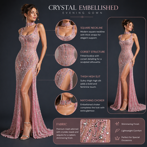 Vestido de Noche de Lujo con Lentejuelas Rosas |   Vestido de sirena natural sin mangas con cuello en V y abertura alta, hecho a mano, de diseñador, para fiesta - Product Image 5