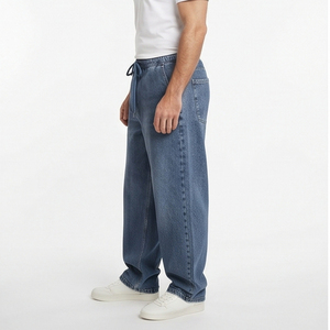 <b>Men's</b> Stonewashed Straight Leg <b>Jeans</b> <b>Mens</b> High Waist Outerwear Wide Legs Denim Pants <b>Men</b> <b>Drawstring</b> Waist Denim Trouser - Product Image 3
