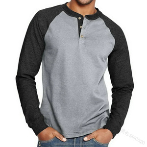 New Spring Autumn Henley Shirts Color <b>Black</b> Patchwork Tees Men Fashion Vintage Button V Neck Long Sleeve T Shirt Man Tees Tops - Product Image 5