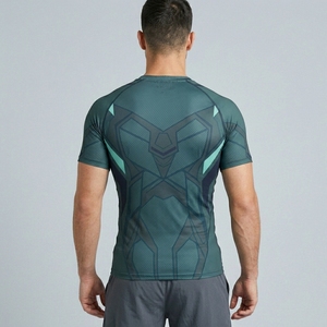 Men's Geometric Pattern Short Sleeve Compression Shirt Quick Dry Sporty Fit O-Neck Athletic Performance Top - Product Image 3