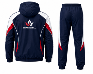 Custom <b>Men</b> Navy Red <b>White</b> Color Block Hooded Tracksuit Full Zip <b>Jacket</b> Drawstring Pants Polyester Regular Fit Autumn Sportswear - Product Image 2