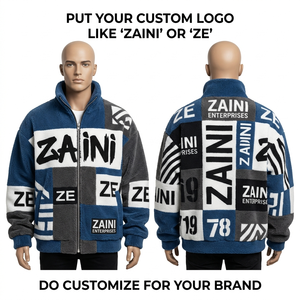 Veste en polaire Sherpa Premium 420 GSM, bleu marine, blanc, gris, panneaux patchwork, logo personnalisé par sublimation et broderie - Product Image 1