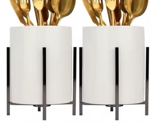 Cylindrical <b>Kitchen</b> Utensil Holder Stand Minimalist Design Durable Tableware <b>Storage</b> <b>Rack</b> Single Tier White with Black Metal - Product Image 1